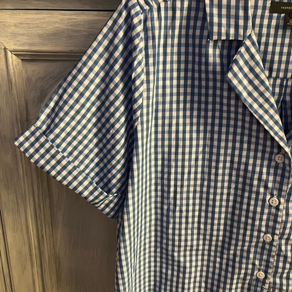 French Connection Blue & White Gingham Plaid Reta Tie Front Oversized Button Up - Picture 3 of 7